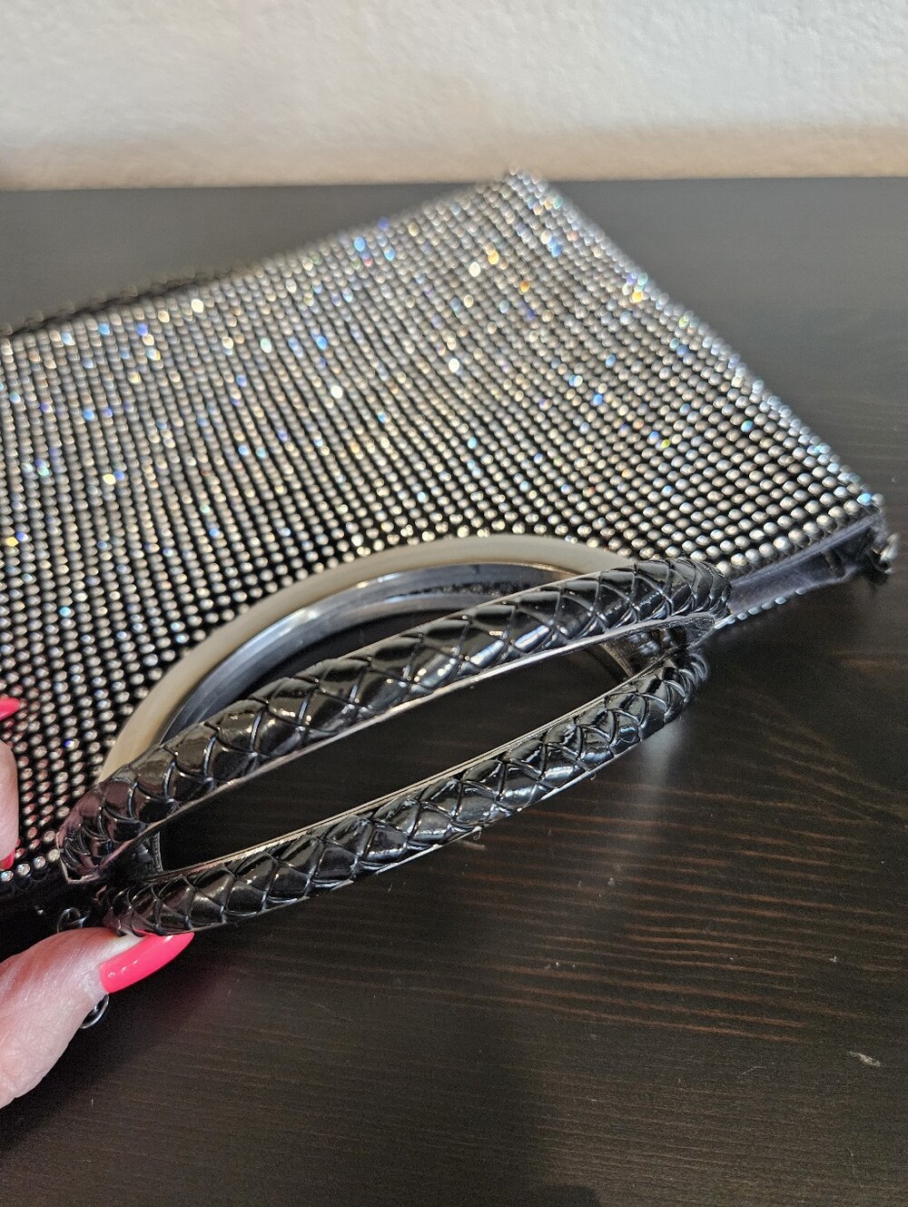 Black Rhinestone Evening Clutch with Silver Chain Handle